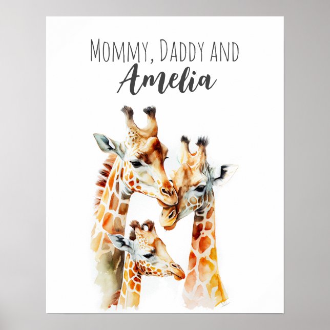 Poster Mamãe, papai & eu | Girafa | Arte de Berçário Anim (Frente)