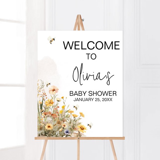 Poster Mamãe para Bebê Chá de fraldas de Flor Selvagem Be (Wildflower Mommy to Bee Baby Shower Welcome Sign)