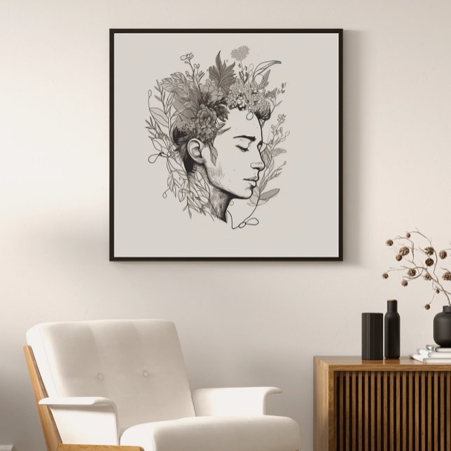 Póster Man Black Line Art com estilo Flower Boho (Criador carregado)