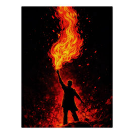 Póster Man Holding Massive Fire Torch Dramatic Silhouette