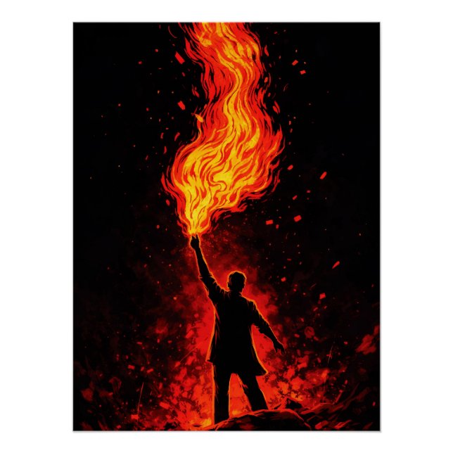 Póster Man Holding Massive Fire Torch Dramatic Silhouette (Frente)