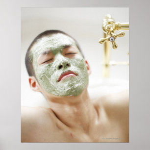 Póster Man Relaxing in a Bathtub with a Facial Mask