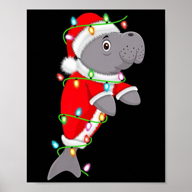 Poster Manatee Christmas Lights Santa Costume Cute Animal (Frente)