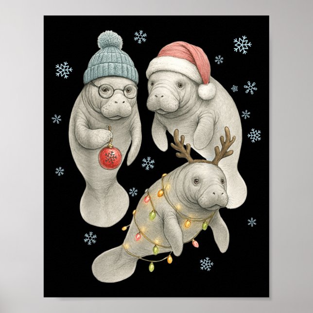 Poster Manatee Christmas Manatee Santa Reindeer Lights Wo (Frente)