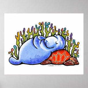 Poster Manatee Sea Turtle Slumber Party by Off-Leash Art