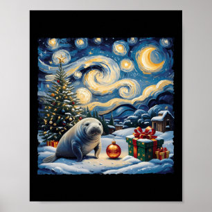 Poster Manatee Van Gogh Style Starry Night Wint