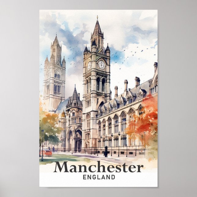 Poster Manchester England Watercolor Painting Viagem (Frente)