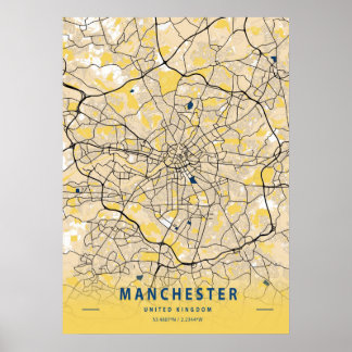 Poster Manchester - Reino Unido - Mapa da Cidade Amarela