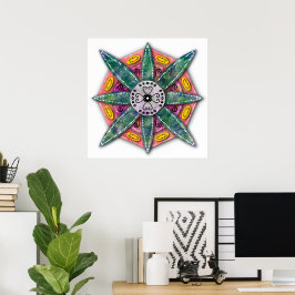 Poster Mandala 8 Pétalas de flor verde em vermelho