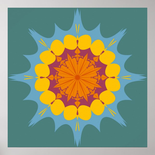 Póster Mandala artística em amarelo, roxo, azul (Frente)