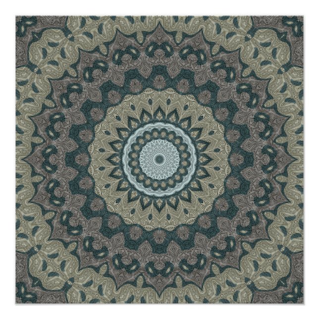 Póster Mandala Bege e Azul-Cinzento com Simetria Tribal (Frente)