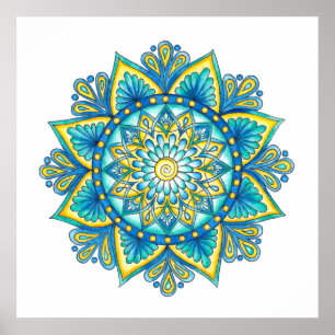 Poster Mandala Blue Turquoise Yellow Watercolor