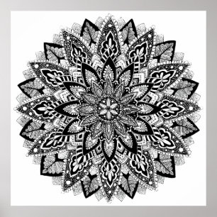Póster Mandala da flor preto e branco