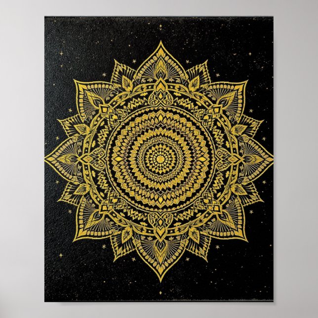 Poster Mandalá de Estrela Dourada em Preto (Frente)