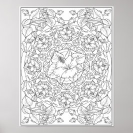 Poster Mandala de Flor de Hibisco para Colorir Adulto 
