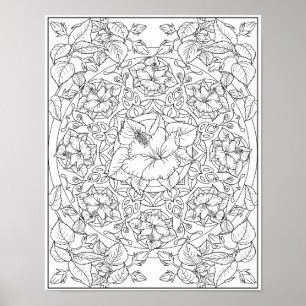 Poster Mandala de Flor de Hibisco para Colorir Adulto