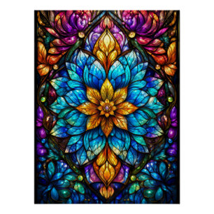 Póster Mandala de Flor de Vidro Colorido Gótico - Azul e
