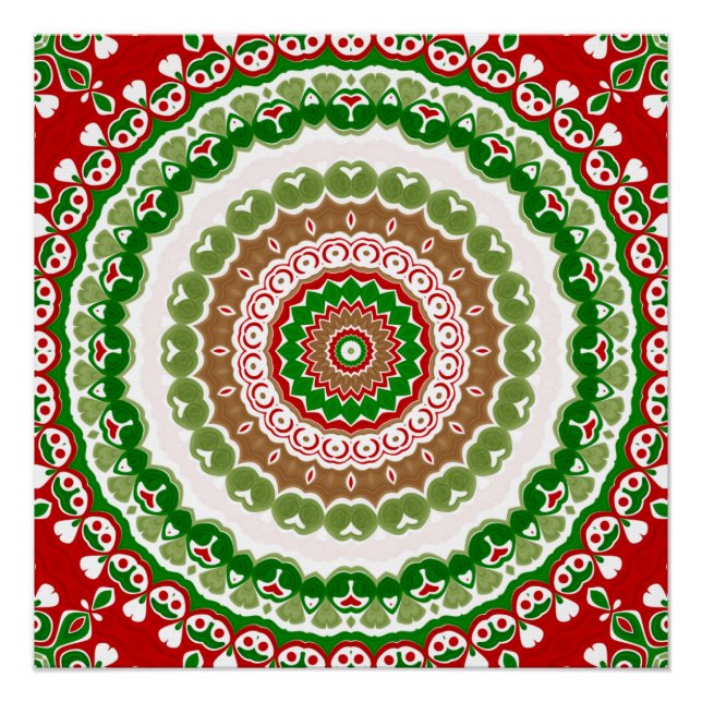 Póster Mandala de Natal em Vermelho, Verde e Dourado Quen (Frente)