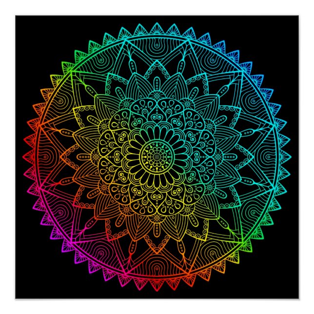 Póster Mandala do Arco-Íris Preto (Frente)