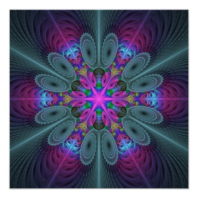 Póster Mandala do Centro Arte Fractal Colorida com Rosa (Frente)