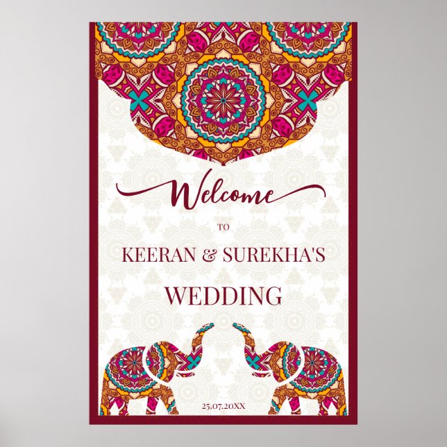 Poster Mandala elephant Indian wedding welcome sign (Frente)