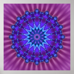 Póster Mandala estrela em azul   flor magenta