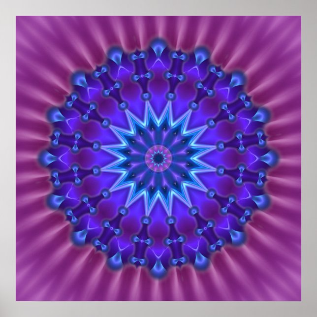 Póster Mandala estrela em azul | flor magenta (Frente)