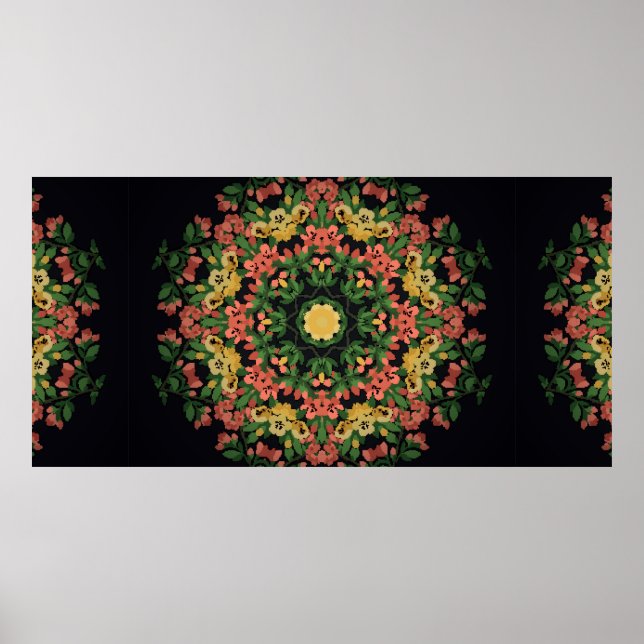 Poster Mandala floral brilhante com flores vermelhas e am (Frente)