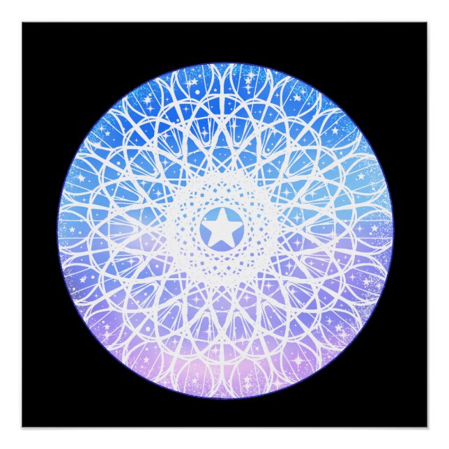 Póster Mandala Floral Do Espaço Puro, Branco E Azul (Frente)