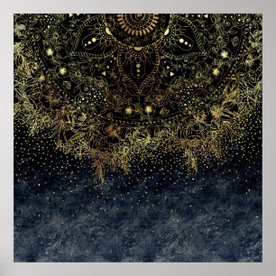 Poster Mandala floral Dourada na moda e confetti