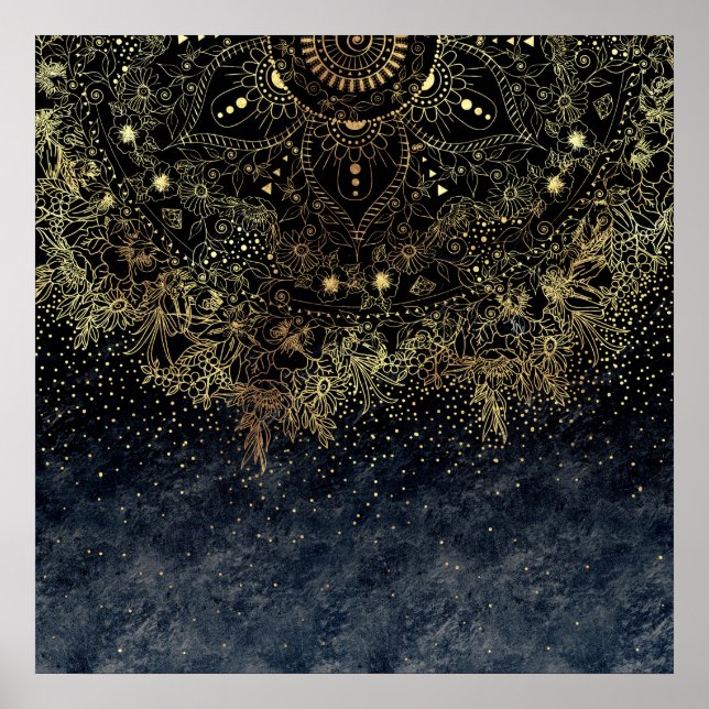 Poster Mandala floral Dourada na moda e confetti (Frente)