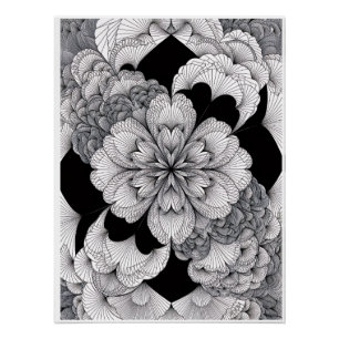 Póster Mandala Floral Monocromática Elegante Preto e Bran