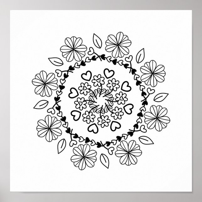 Poster Mandala floral preto simples sobre fundo branco (Frente)