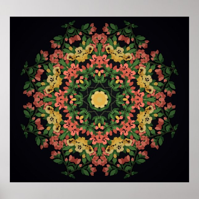 Poster Mandala Floral: vermelha, vindima amarela. (Frente)