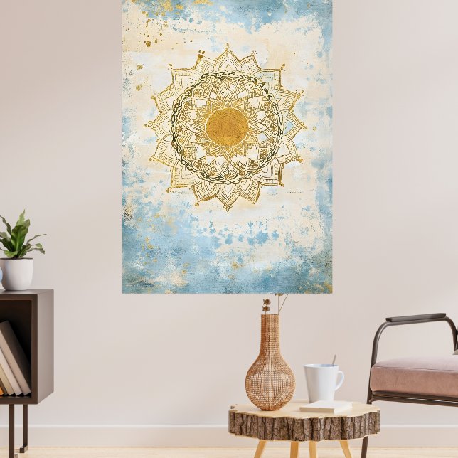 Poster mandala indiano em tons turquesa e laranja (Sala de Estar 3)