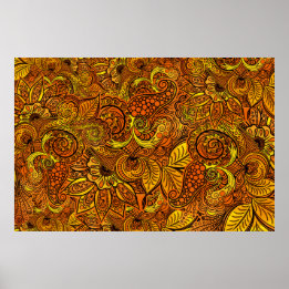 Poster Mandala nature gold tentacles, flowers and leaves.