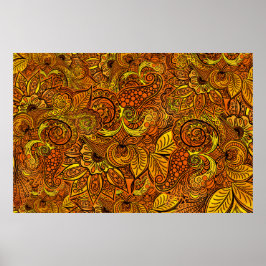Poster Mandala nature gold tentacles, flowers and leaves.