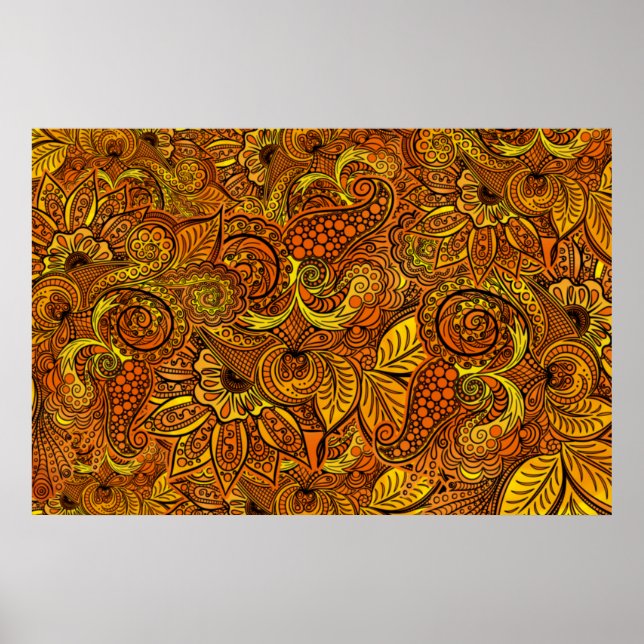 Poster Mandala nature gold tentacles, flowers and leaves. (Frente)