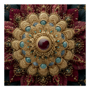 Póster Mandala Ornata com Joias em Verde-azulado, Burgund