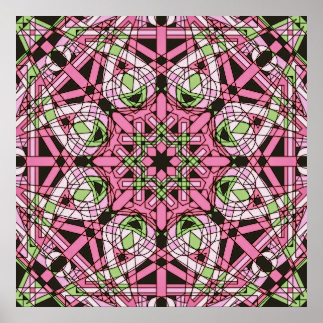 Poster Mandala Psicodélico Rosa e Verde em Caleidoscópio (Frente)