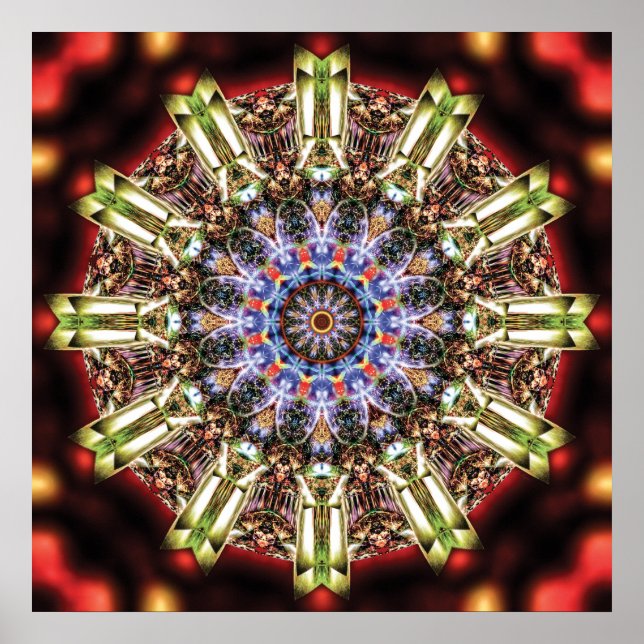 Poster Mandala Radioso e Kaleidoscópico em Carmesim e Dou (Frente)