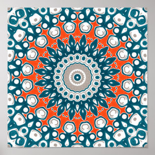 Poster Mandala Simétrica em Azul Turquesa e Coral Ousado