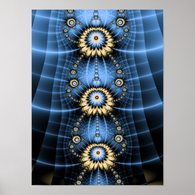 Poster Mandala Simétrica Ornamental de Fractal Azul (Frente)