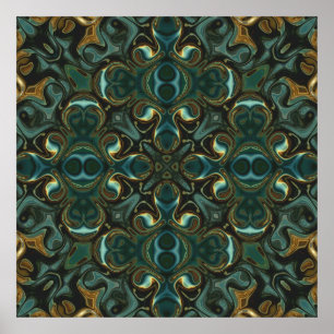 Poster Mandalá Simétrico Abstrato Esmeralda e Dourado