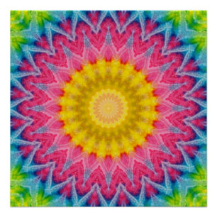 Póster Mandalá Tie-Dye Arco-Íris com Simetria Vibrante
