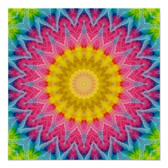 Póster Mandalá Tie-Dye Arco-Íris com Simetria Vibrante (Frente)