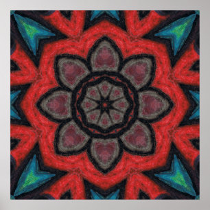 Poster Mandalala de Flor de Caleidoscópio Vermelho e Pret