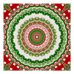 Póster Mandalas de Natal em Vermelho, Verde e Dourado Que
