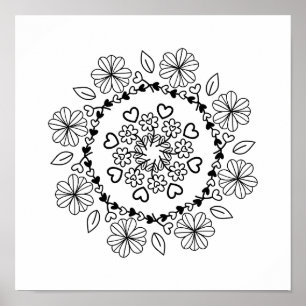 Poster Mandalas florais pretas simples em um fundo branco