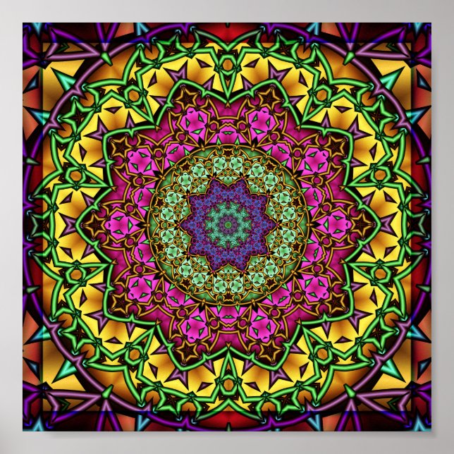 Poster Mandalas Geométrico Fractal Radiante Caleidoscópio (Frente)